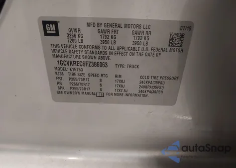 2015 Chevrolet Silverado 1500 1Lt из США, поврежденный, VIN 1GCVKREC6FZ386063